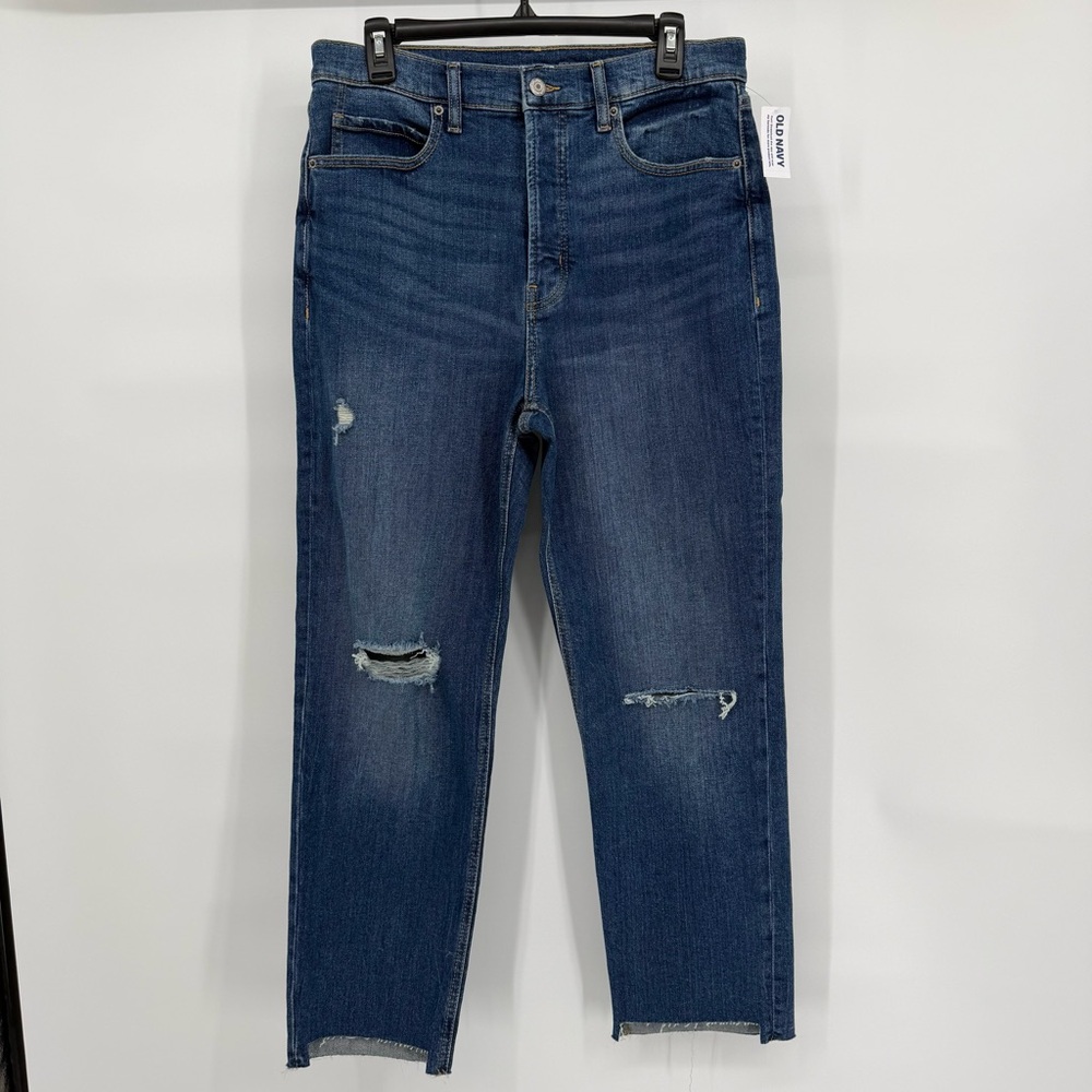 Old Navy Sky Hi Straight Distressed Raw Hem High Rise Jean Secret Smooth Pockets